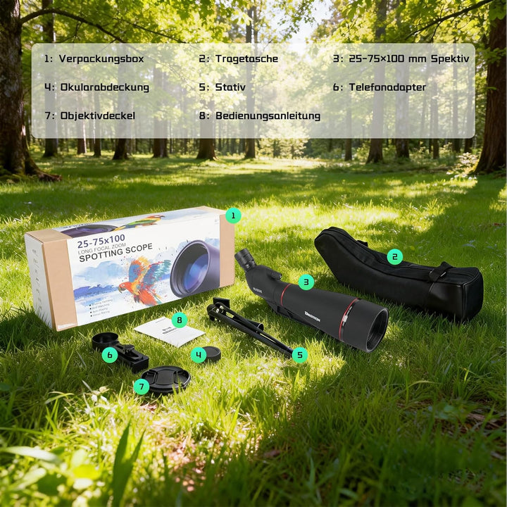 25-75 x 100 mm Spektiv mit Stativ, Porro Prisma FMC Objektiv -Low Light Vision mit Handy Adapter Tra
