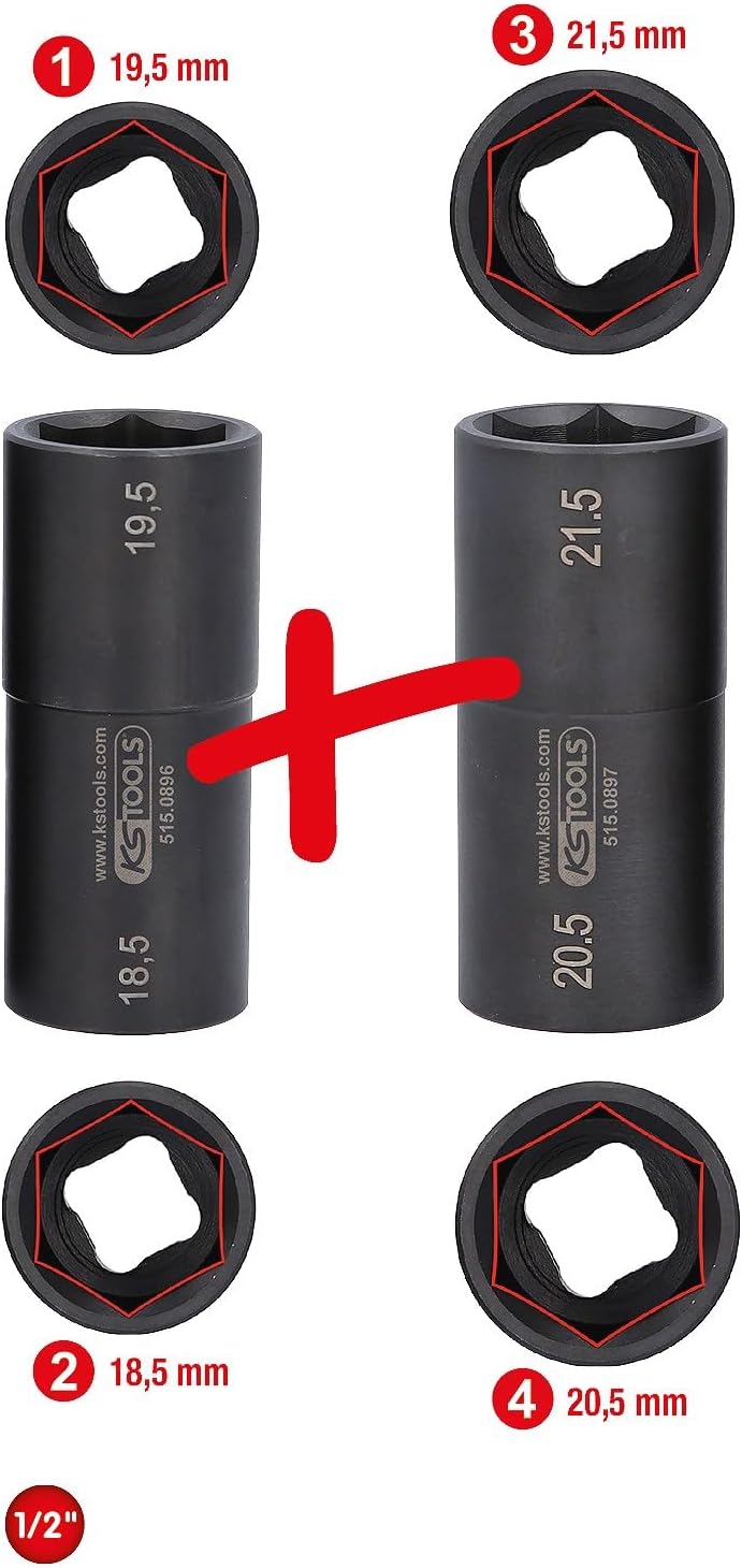 KS Tools 515.0895 1/2" Spezial-Alu-Felgen-Kraft-Stecknuss-Satz für Ford, 18,5 / 19,5 / 20,5 / 21,5 m