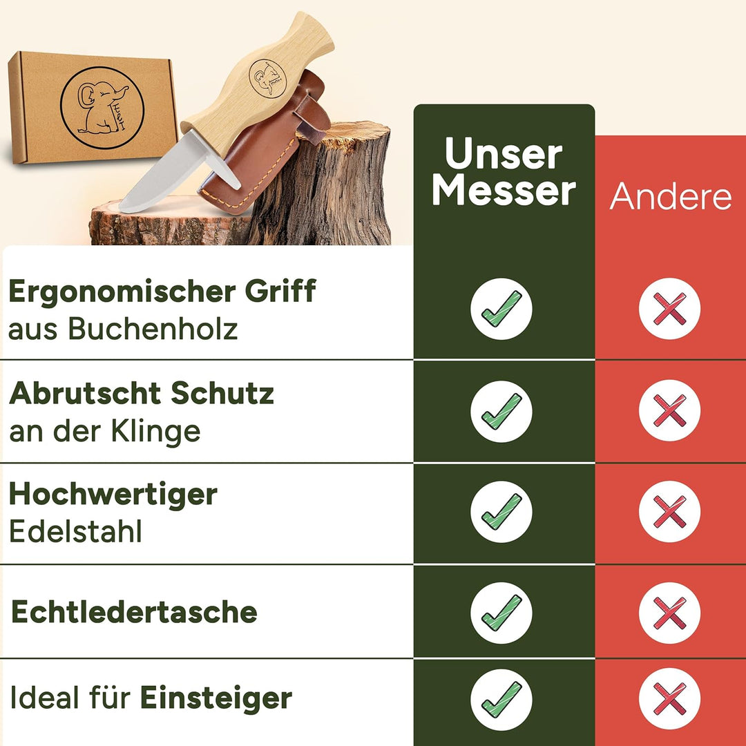 Eli® Schnitzmesser für Kinder mit Klingenschutz aus Leder ab 6 Jahre - hochwertiges Kindermesser Sch