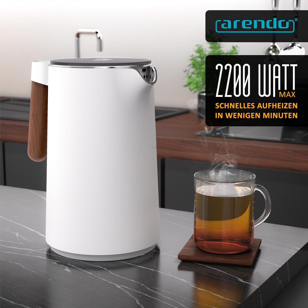 Arendo - Wasserkocher Edelstahl mit Temperatureinstellung - 45°C-100°C - 1.5 Liter - Doppelwand - BP