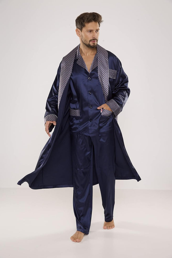 FOREX Lingerie edler und hochwertiger Satin-Bademantel Herren-Mantel im tollen Design 4XL Marine, 4X