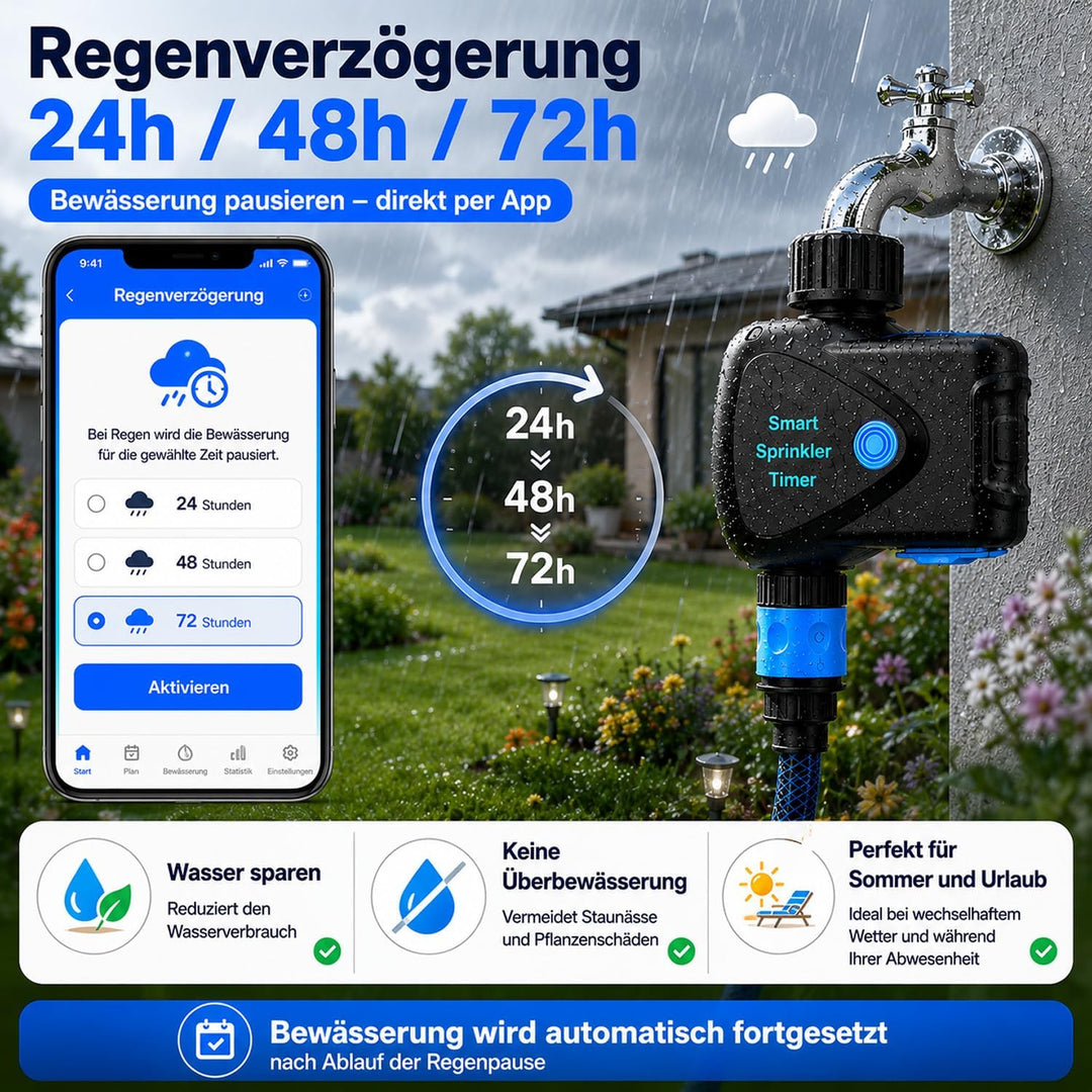 WLAN Bewässerungscomputer mit App Steuerung, WiFi Bewässerungstimer mit Wasserzähler, ohne Hub, Meng