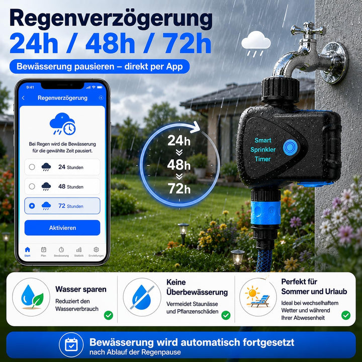 WLAN Bewässerungscomputer mit App Steuerung, WiFi Bewässerungstimer mit Wasserzähler, ohne Hub, Meng
