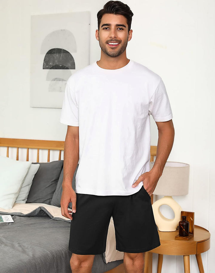 Herren Schlafanzughose Baumwolle Kurz Pyjamahose Schlafhose Schlafshorts Sommer Bermudahose Männer S
