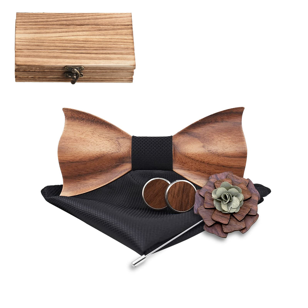 Mr.Van Holzfliege Klassische Set Fliege Herren,Holzfliege, Holz Manschettenknöpfe, Holzbrosche, Eins