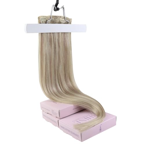 Fshine Echthaar Extensions Clip 35cm 120g Aschblondes Highlight mit Bleichblond Clip in Extensions E