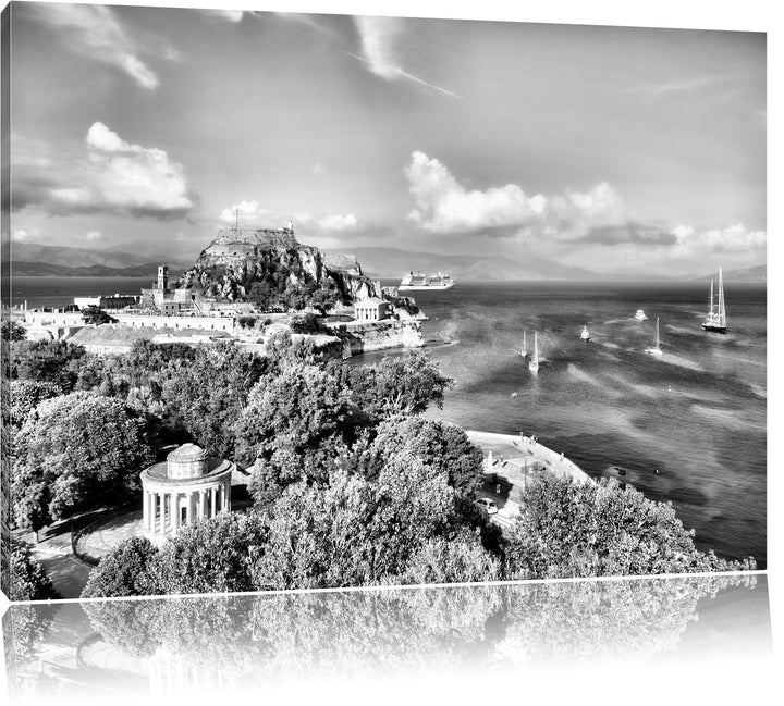 Pixxprint Griechische Entspannungsoase / 100x70cm Leinwandbild bespannt auf Holzrahmen/Wandbild Kuns