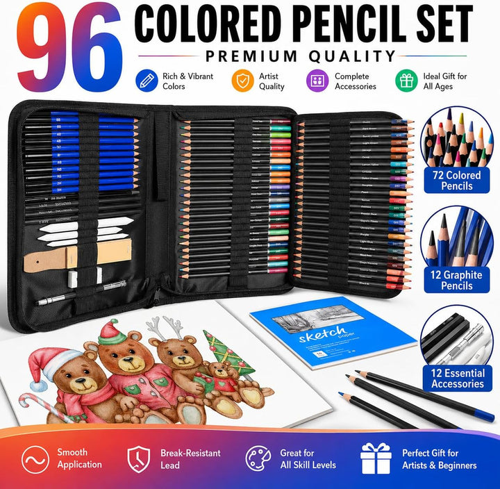 YMTECH Zeichenset, 96 Stücke Malset, Künstler Set, mit Buntstifte Zeichenstifte Graphitstift Kohlest