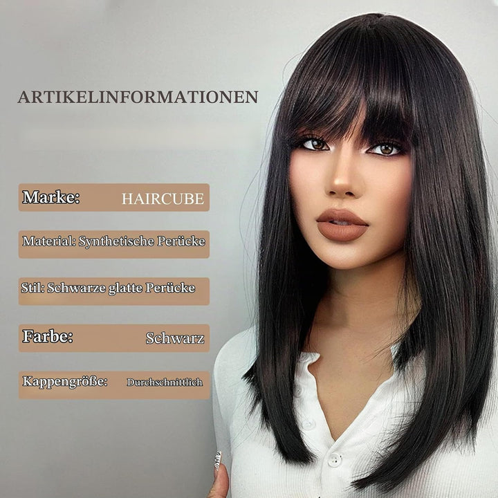 HAIRCUBE Schulterlang Gerade Kurze Perücken Schwarze Perücke Synthetische Perücken mit Pony Welle Ha
