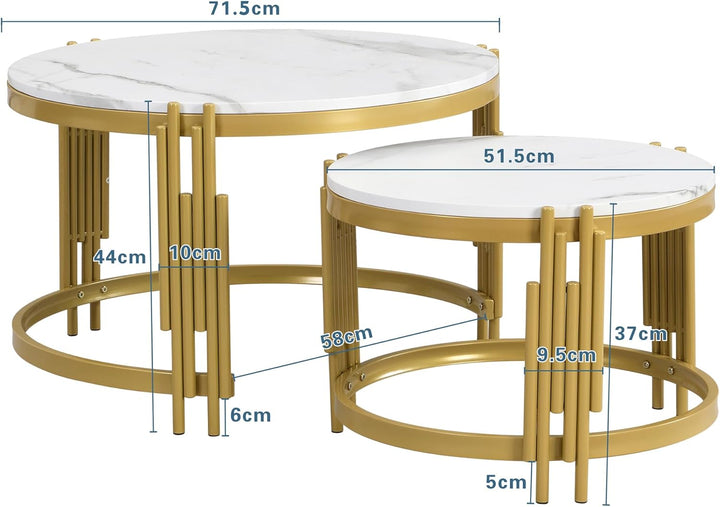 Merax Rund Couchtisch Set, 2-in-1 Nesting Couchtisch Satztisch, in Marmoroptik, Goldener Metallrahme