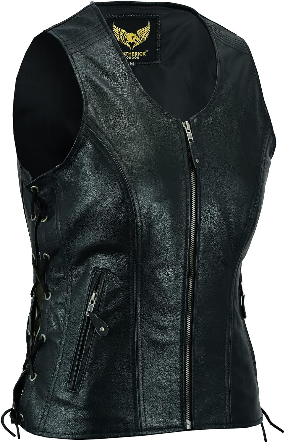 Leatherick Damen Lederweste der echte spitzenkorn-büffel Leder ärmellose jacke / weste schwarz M Sch