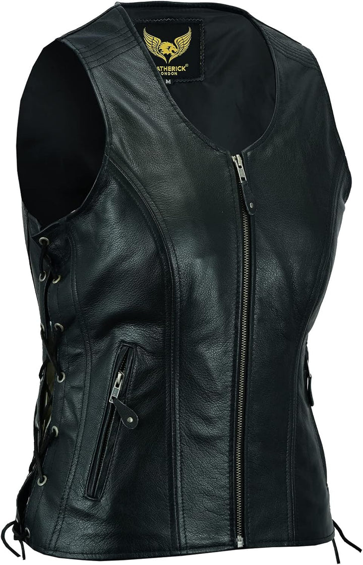Leatherick Damen Lederweste der echte spitzenkorn-büffel Leder ärmellose jacke / weste schwarz M Sch
