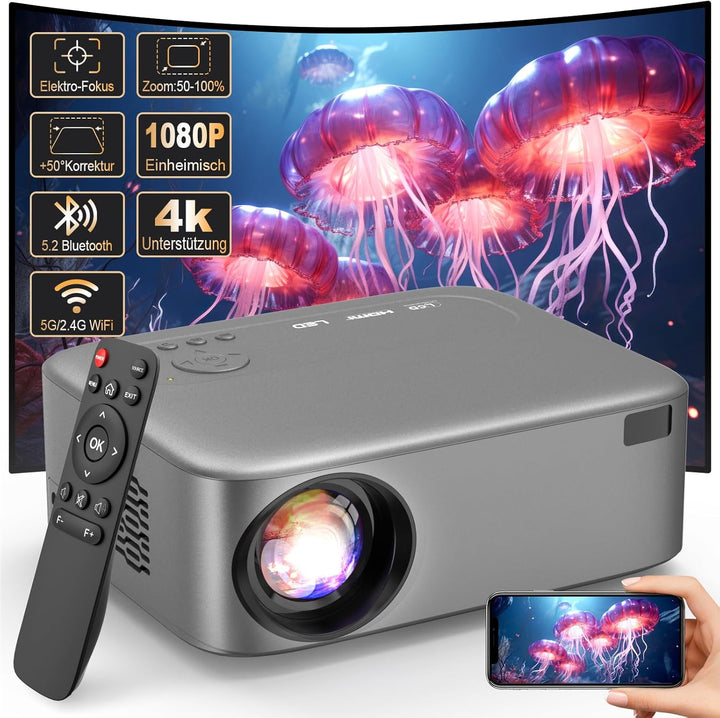 [Elektrischer Fokus] FRESHDEW Beamer, 5G WiFi Projektor mit Bluetooth Native 1080P Projektor,26000L