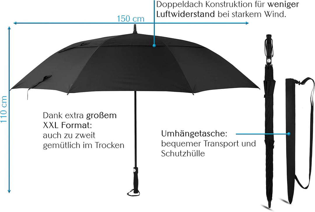 Sternenfunke XXXL Regenschirm gross 2 Personen Ø150 cm auch als grosser Golf Regenschirm schwarz stu