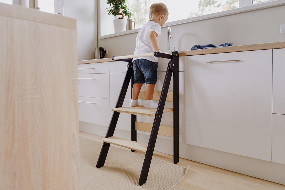 WECO Klappbarer Lernturm für Kleinkinder, Höhenverstellbarer Küchenhelfer aus Holz im Montessori-Sti