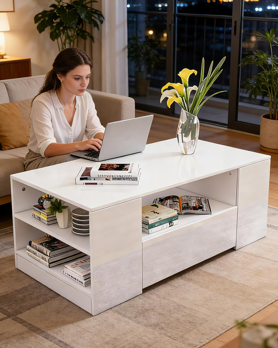 Senvoziii Couchtisch Wohnzimmertisch mit Regal Hochglanz Modern Beistelltisch Kaffeetisch mit 2 Schu