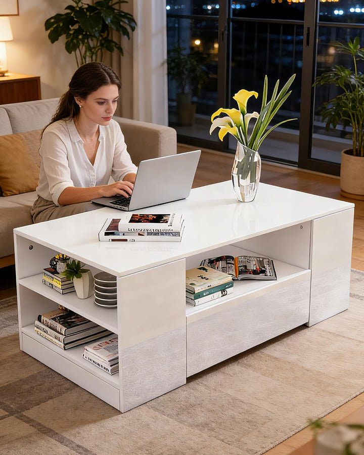 Senvoziii Couchtisch Wohnzimmertisch mit Regal Hochglanz Modern Beistelltisch Kaffeetisch mit 2 Schu