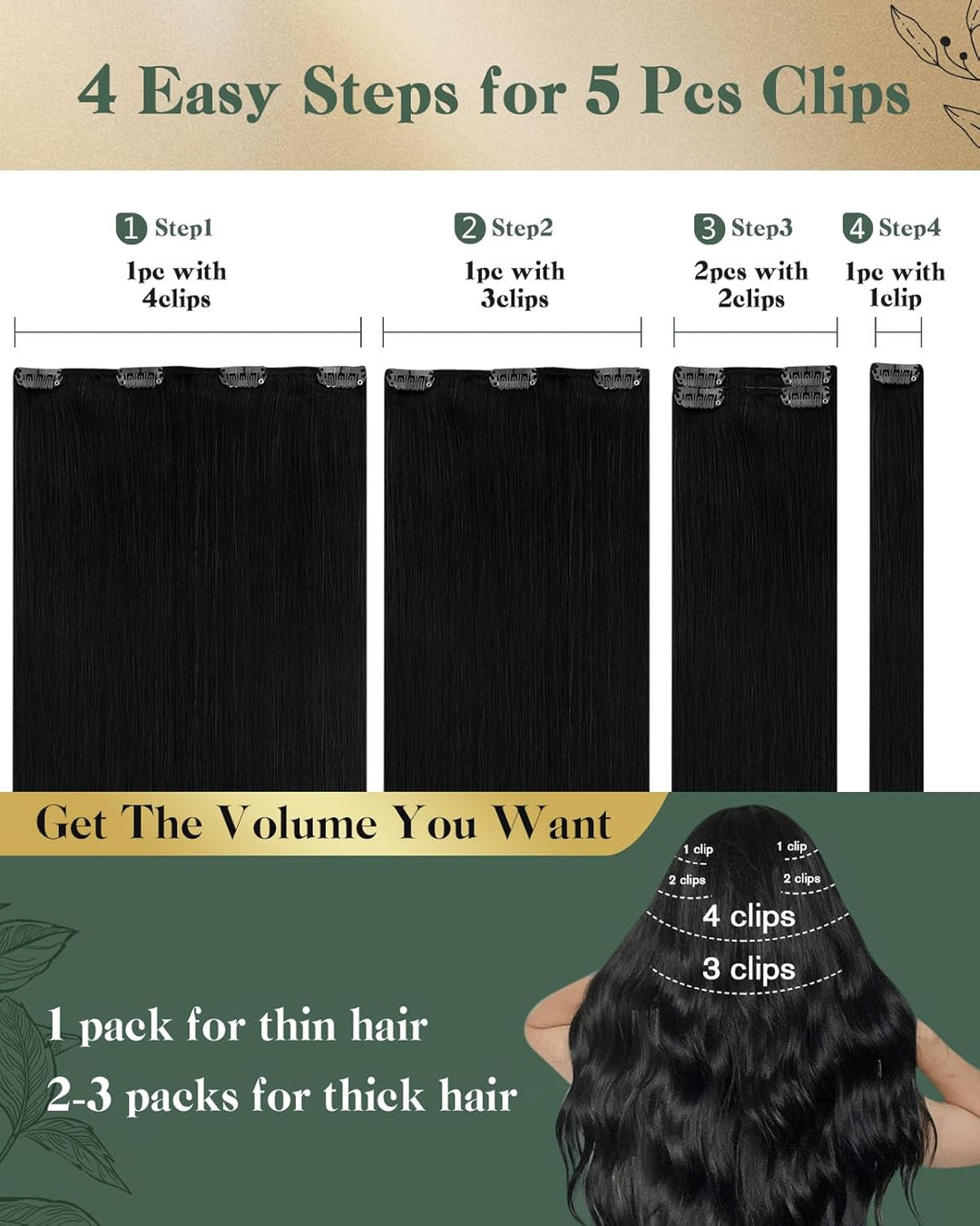 Ugeat 30cm Clip Extension Echthaar Schwarz Doppelt Tressen Haar Clip Extensions 5Stück Haarverlänger