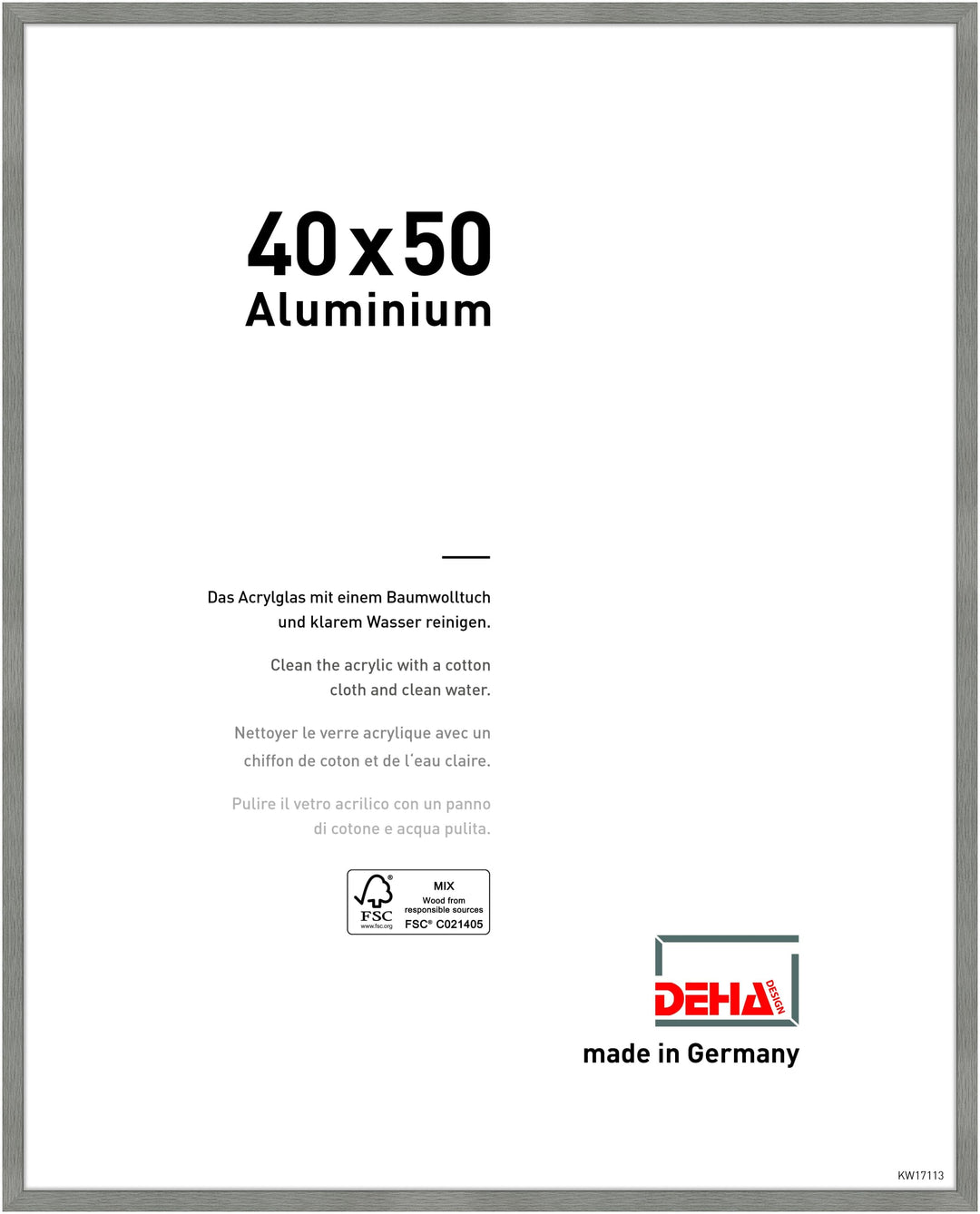 DEHA Design Bilderrahmen Tribeca, 40x50 cm, Aluminium Grau Matt, bruchsicheres Acrylglas, für Poster