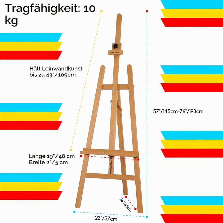 MEEDEN Basic Staffelei aus Holz: Staffelei für Bodenmalerei, Einstellbare Höhe von 145 bis 193 cm (5