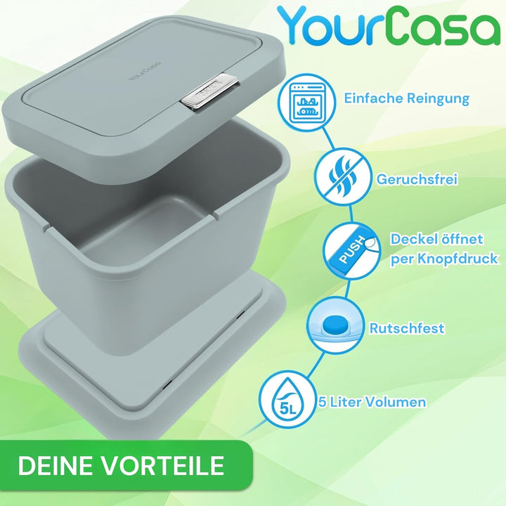 YourCasa® Biomülleimer Küche 5L - geruchsdichter Bio Mülleimer mit Deckel & Knopfdruck-Mechanismus -