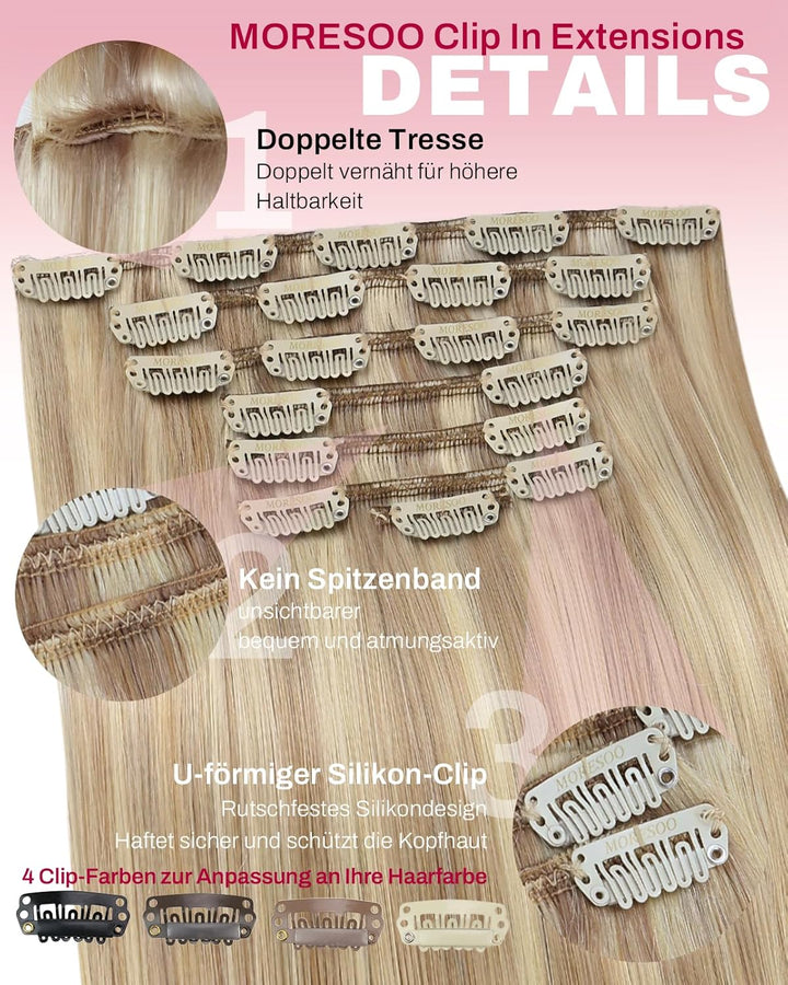Moresoo Clip in Extensions Echthaar Blond Extensions Clip Echthaar Remy Goldblond mit Mittelblond Ha