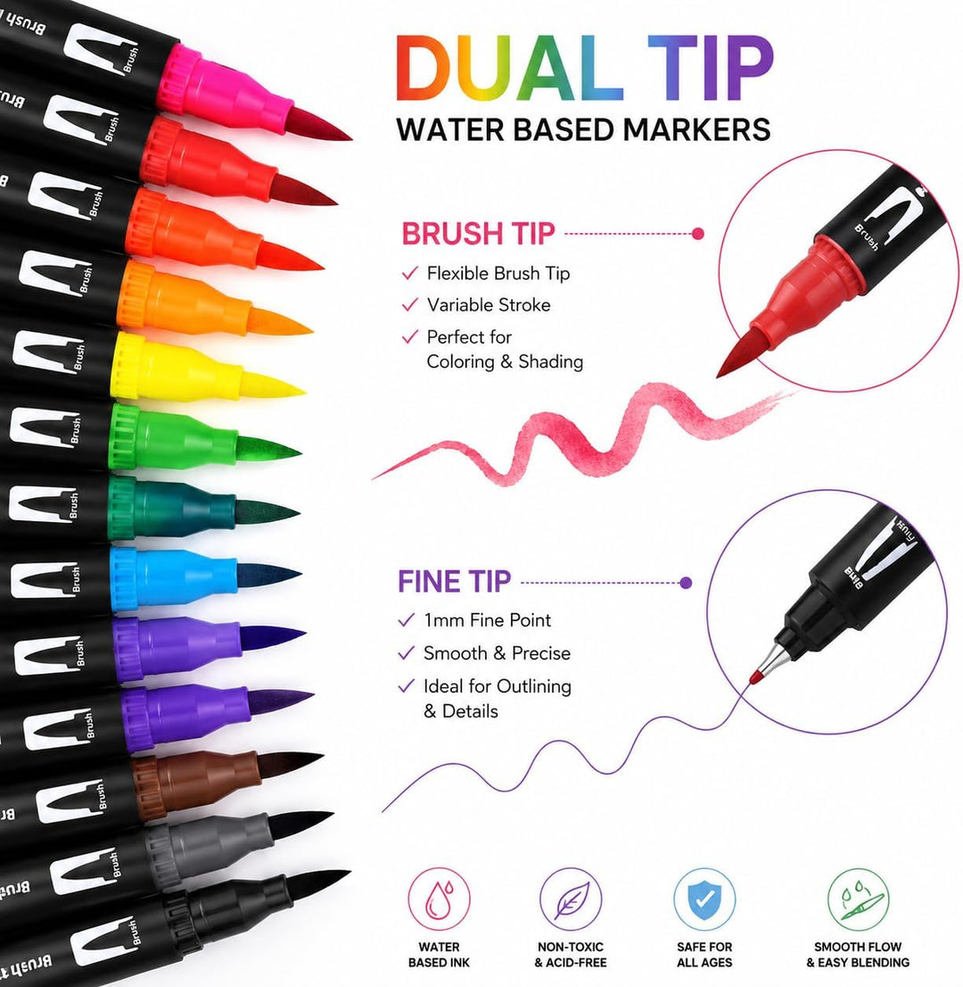 hhhouu 100 Farben Brush Marker Pinselstifte Journal Zubehör Stifte, Doppelspitze Filzstifte für Kind