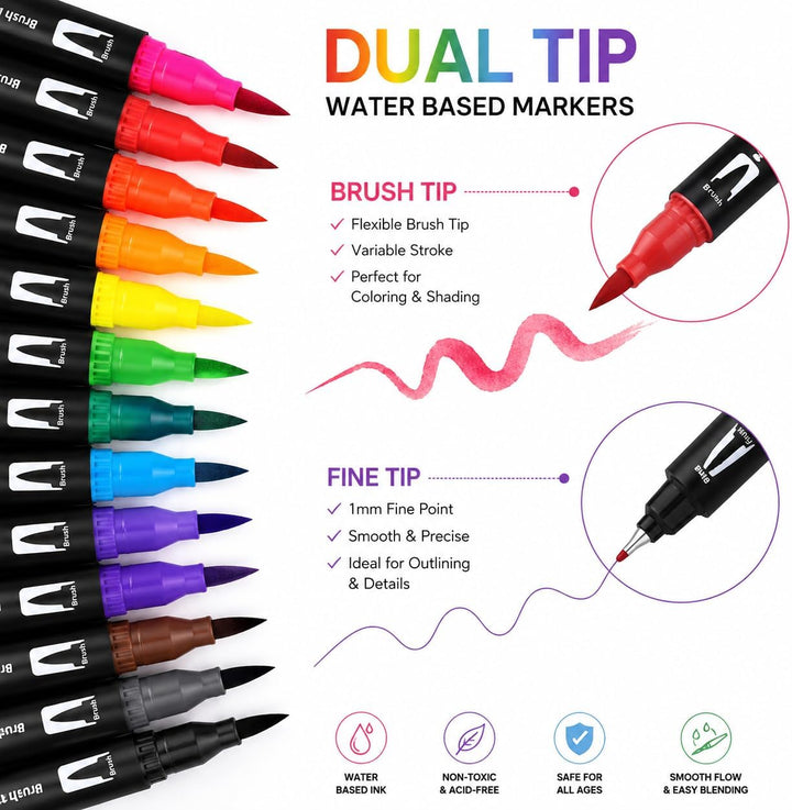 hhhouu 100 Farben Brush Marker Pinselstifte Journal Zubehör Stifte, Doppelspitze Filzstifte für Kind