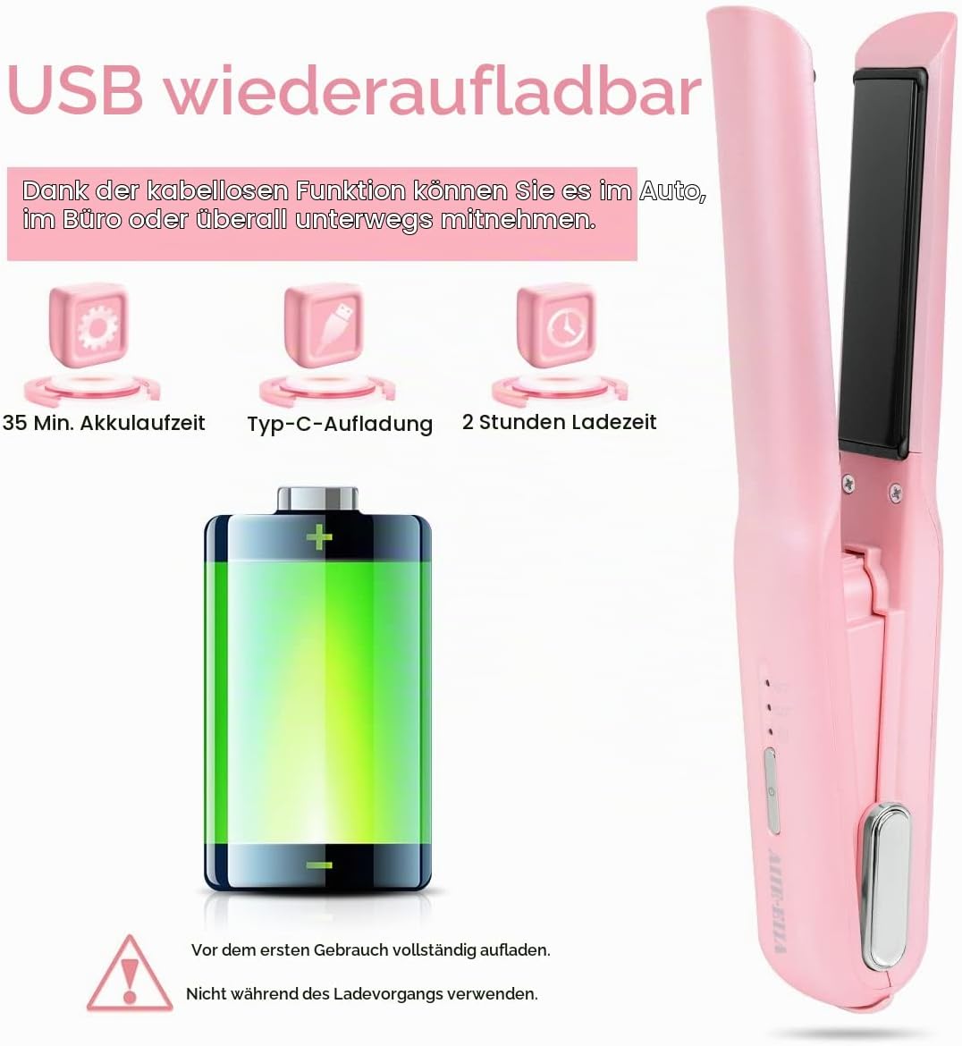Kabelloser Haarglätter und Lockenwickler 2 in 1, Mini Haarglätter Und Lockenstab mit USB-C Aufladung