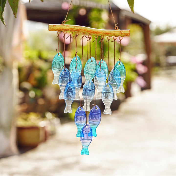H&D HYALINE & DORA 58,4 cm blaues Glas Meereswindspiel, handgefertigtes Fisch Windspiel für draussen