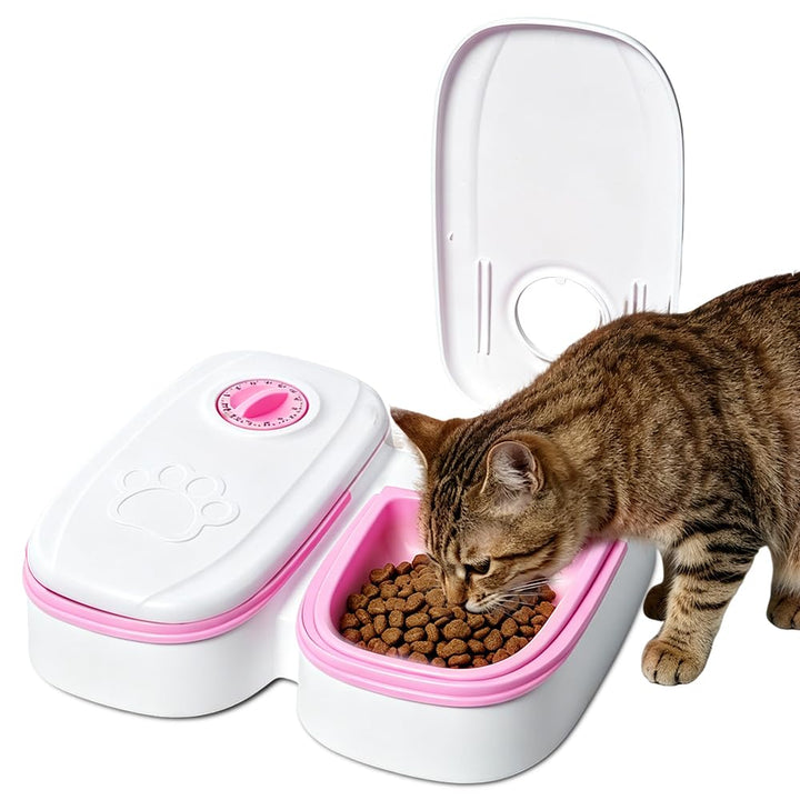 Futterautomat Katze, 2 Näpfe 700ML Katzenfutter Automat mit 48 Stunden Timer, Abnehmbarer Futterauto