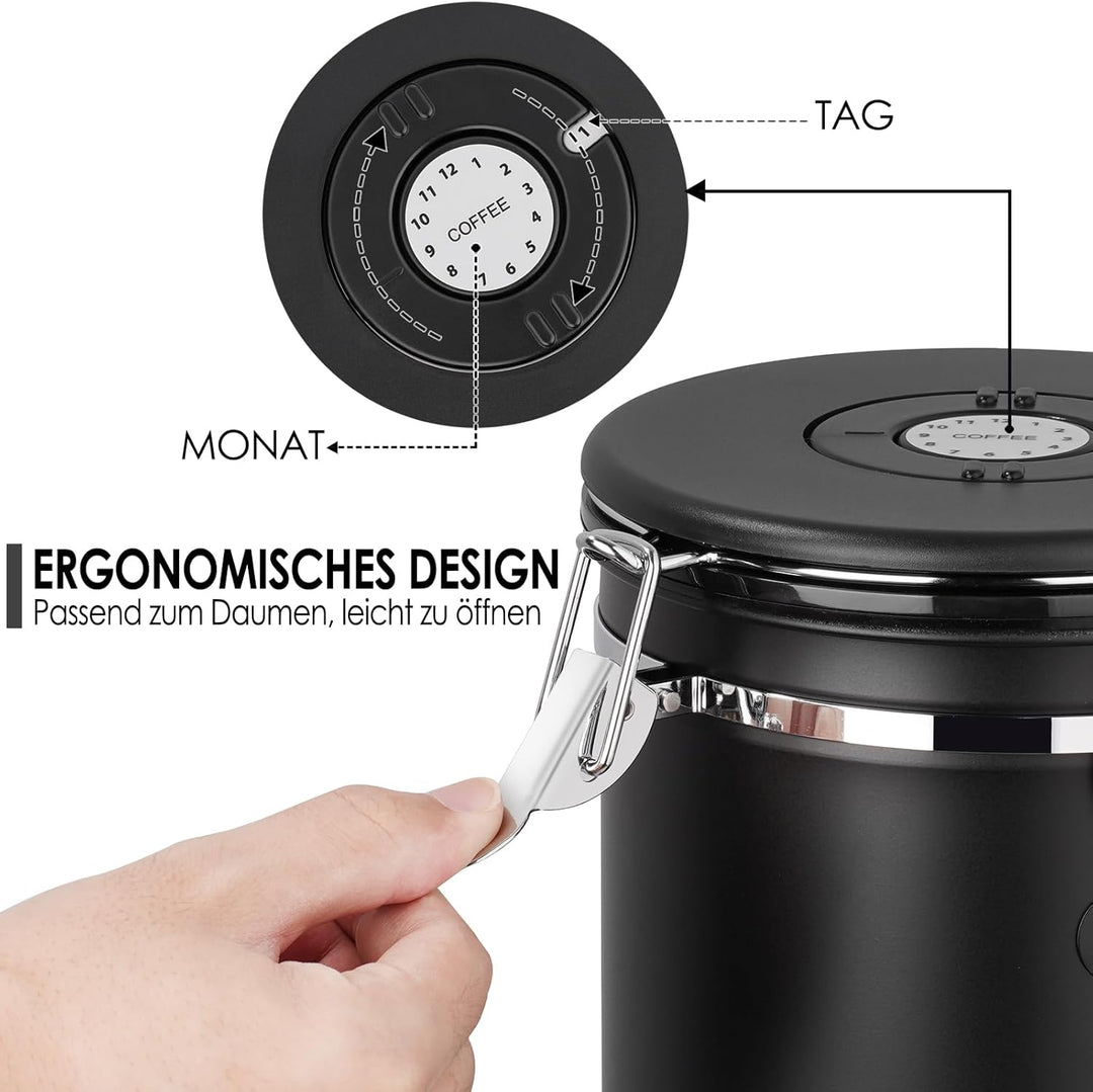 Kaffeedose aus Edelstahl 2,8L, Kaffeedosen Kaffeebehälter aus Edelstahl mit CO₂-Ventil,Kaffeedose Vo