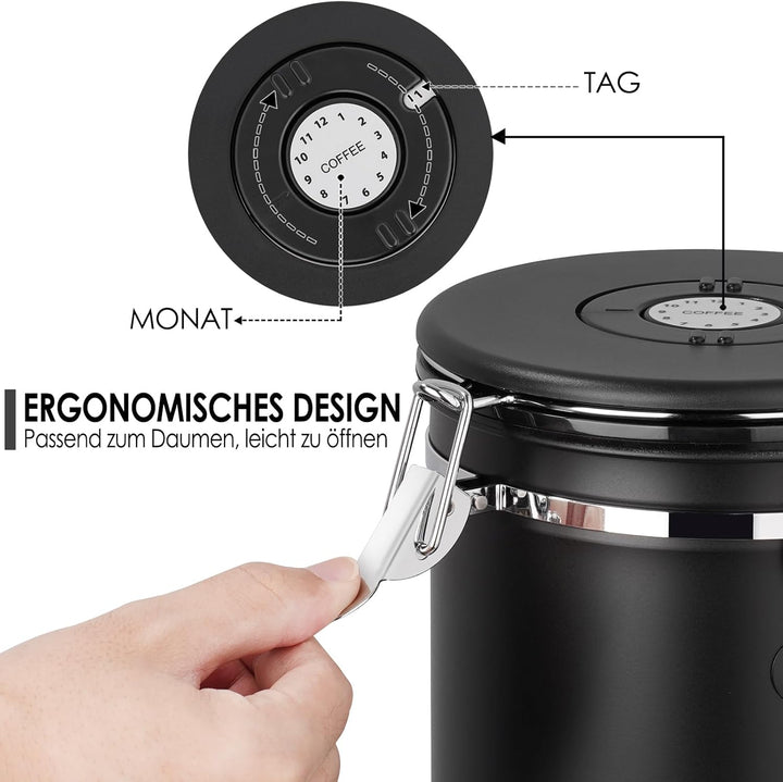 Kaffeedose aus Edelstahl 2,8L, Kaffeedosen Kaffeebehälter aus Edelstahl mit CO₂-Ventil,Kaffeedose Vo