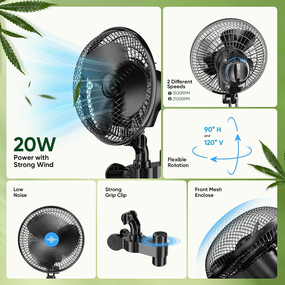 Clip Grow Ventilator,20-W-Hochgeschwindigkeits-Zuchtzelt 2 Geschwindigkeiten (1500/2100 U/min) 120°