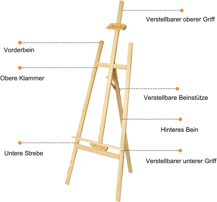 Grosse Holz-Atelierstaffelei, 150cm Höhenverstellbare Kiefernholz-Dreibein-Staffelei für Malerei – F