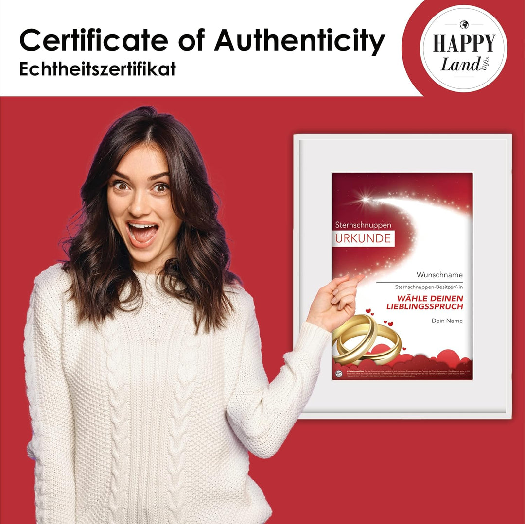 happylandgifts® Premium | Echte Sternschnuppe als HOCHZEITSGESCHENK | Personalisierte Urkunde mit Wu