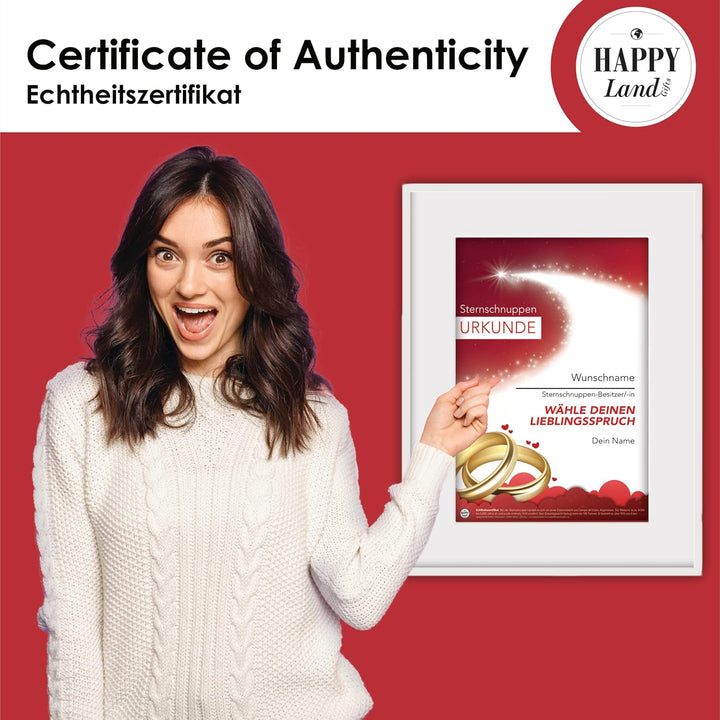 happylandgifts® Premium | Echte Sternschnuppe als HOCHZEITSGESCHENK | Personalisierte Urkunde mit Wu