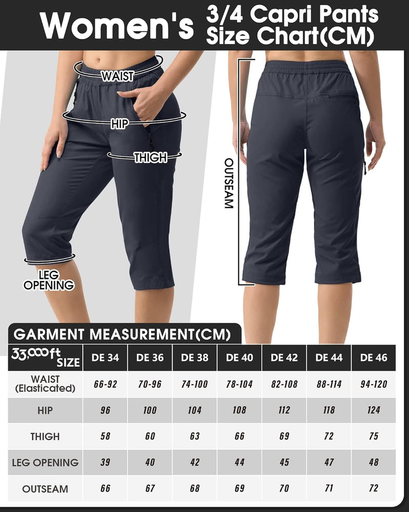 33,000ft Damen 3/4 Hose Capri Wanderhose Stretch Leichte Radhose Taschen Sommer Outdoor Golf Hose 34