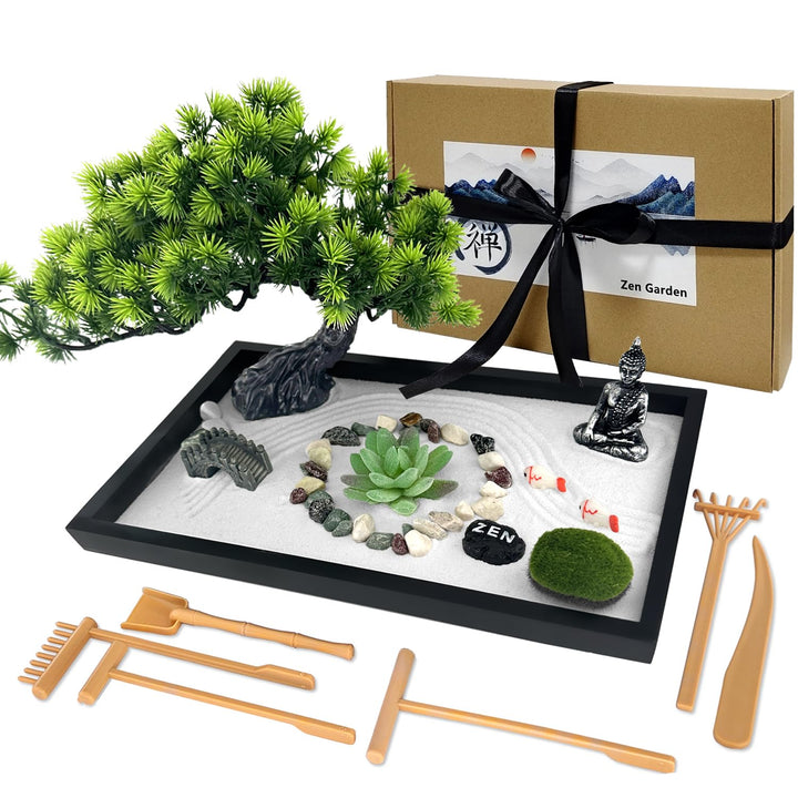 LuXianYS Zen Garten Set, 12x8 Zoll Zen Steine Garden für den Schreibtisch, Premium Japanisches Zen S
