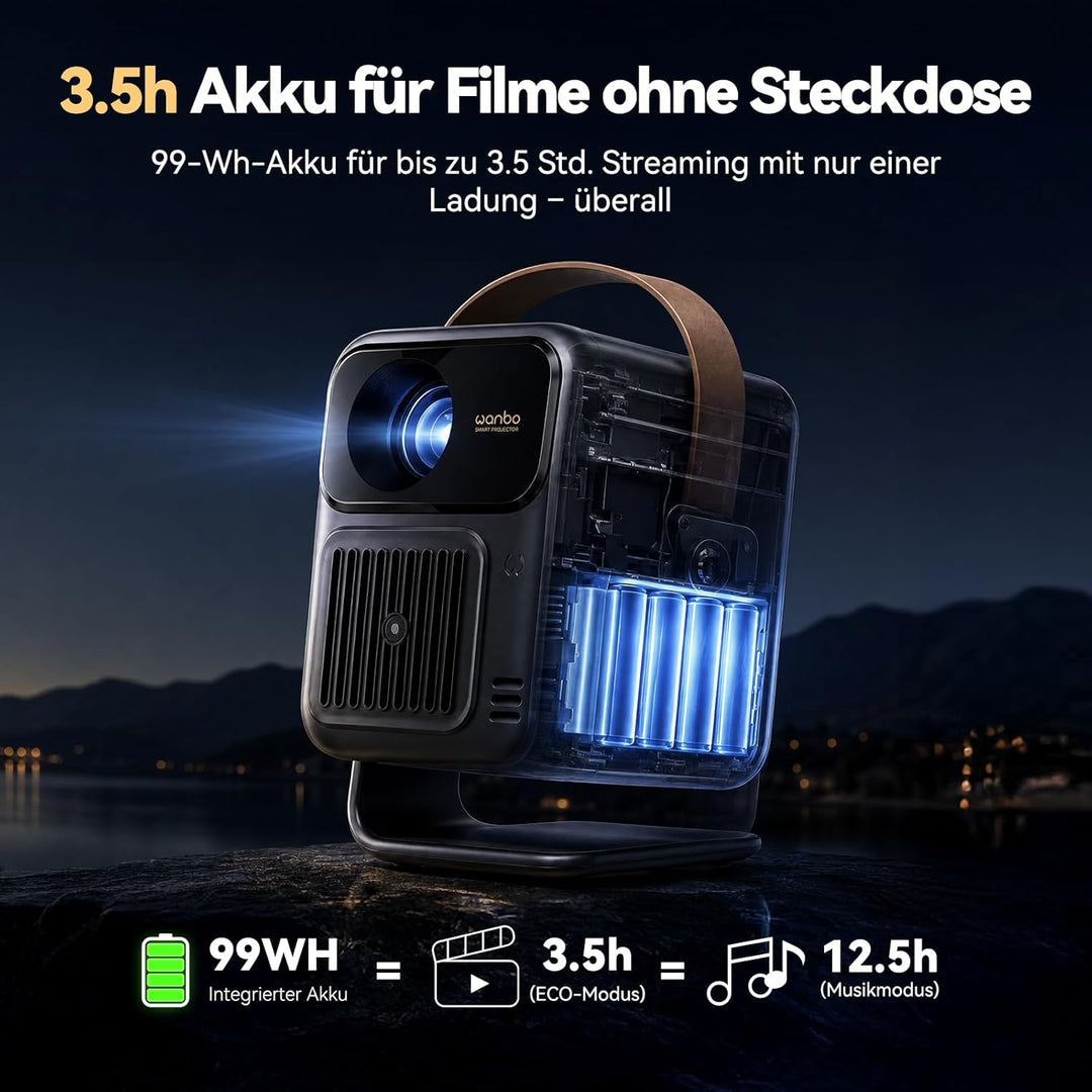 WANBO Togo Pro Akku Smart Beamer Google TV Netflix, Tragbar Projektor mit 3,5h Akku für Outdoor & He