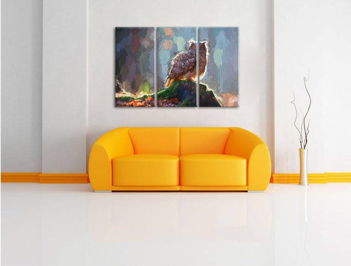 Pixxprint Eule auf dem Baumstamm als Leinwandbild/Grösse: 3 Teilig (120x80 cm) cm/Wandbild/Kunstdruc