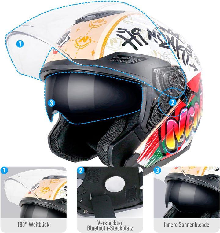 NENKI Jethelme Halbhelme Rollerhelm Sturzhelm Chopper Helm,Motorradhelm ECE 22.06 mit Doppelvisier S