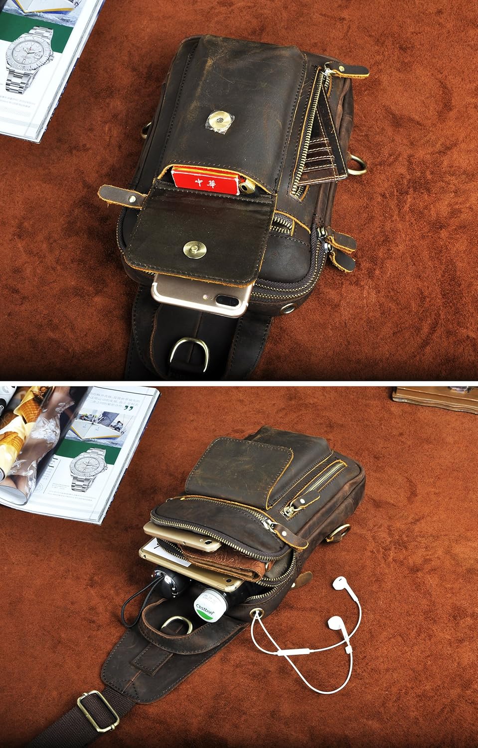 Le'aokuu Herren Echtes Leder Brusttasche Crossbody Bag Sling Bag Schultertasche Gurteltasche Umhänge
