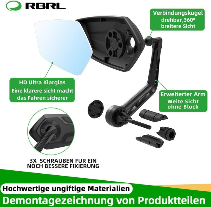RBRL Fahrradspiegel Extra Grosse Bar End Fahrradspiegel, Schlagfestes Echtglas Spiegelfläche Rückspi