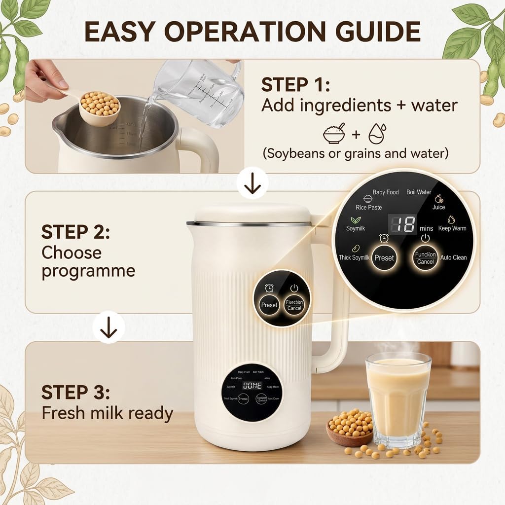 Sojamilch Hersteller 1200ml, Nussmilchmaschine 8 Modi, Automatische Mandelmilchmaschine mit Verzöger