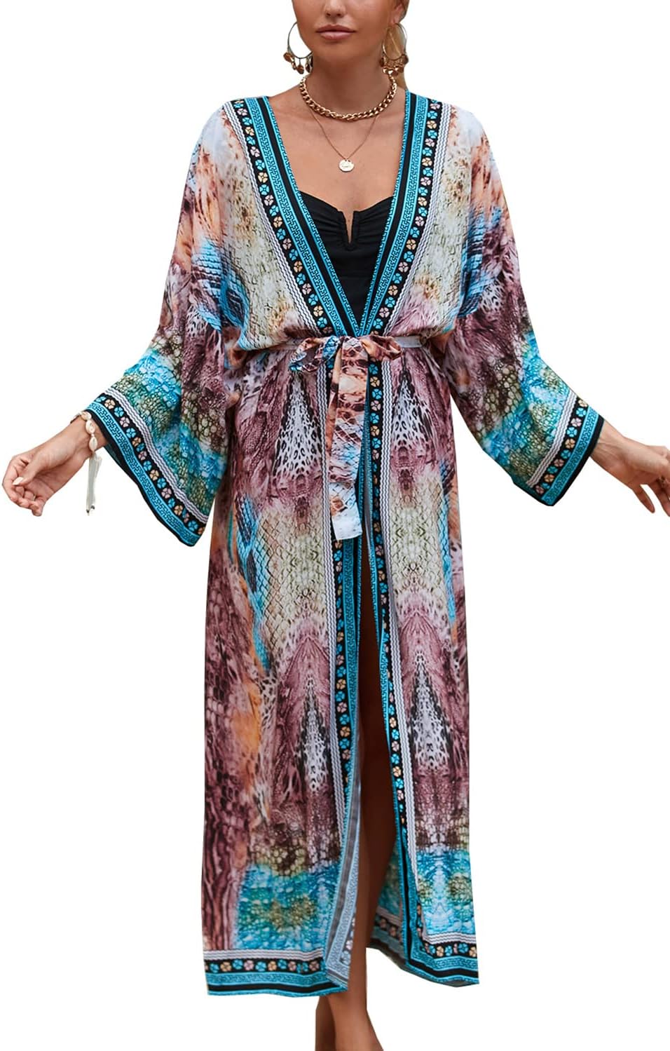 YouKD Damen Bohemian Cardigan Maxikleid Strand Vertuschung Robe Lange Kimono Robs One Size Einheitsg