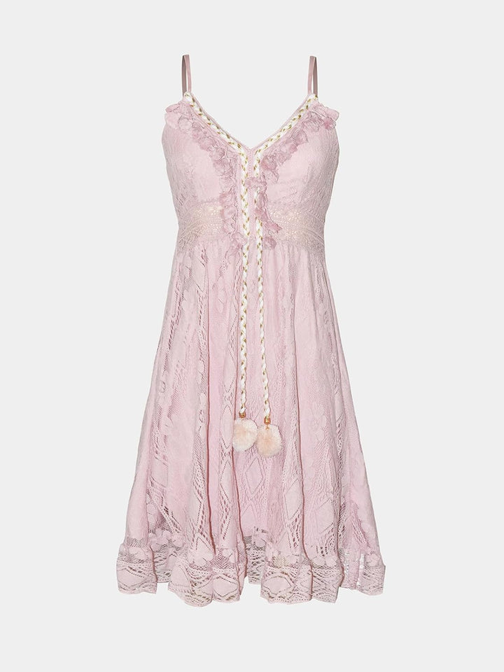 CUPSHE Damen Sommerkleid V Ausschnitt Floral Spitze Quasten Spaghetti Trägerkleid Freizeitkleider Bo