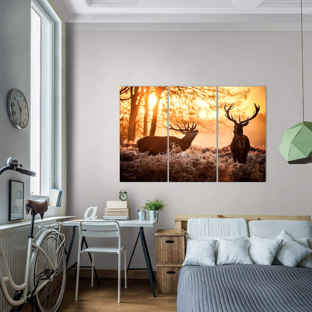 Runa Art Wandbilder Winter Hirsch Bild XXL Wohnzimmer Schlafzimmer Orange Wald Natur 120 x 80 cm 3 T