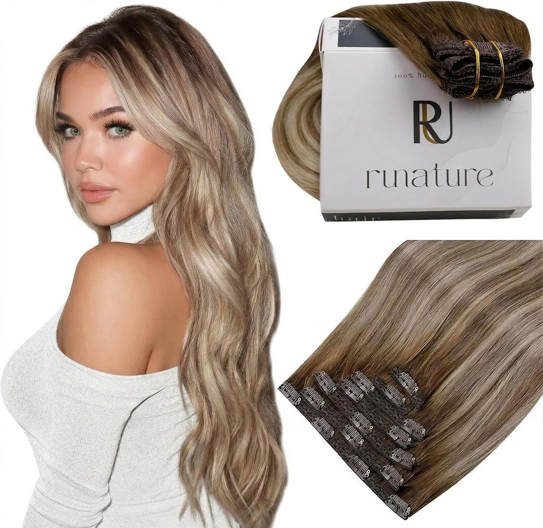 RUNATURE Clip Extensions Echthaar Balayage Braun Blond Glatt Echte Haare Extensions Clip in 7Pcs 135
