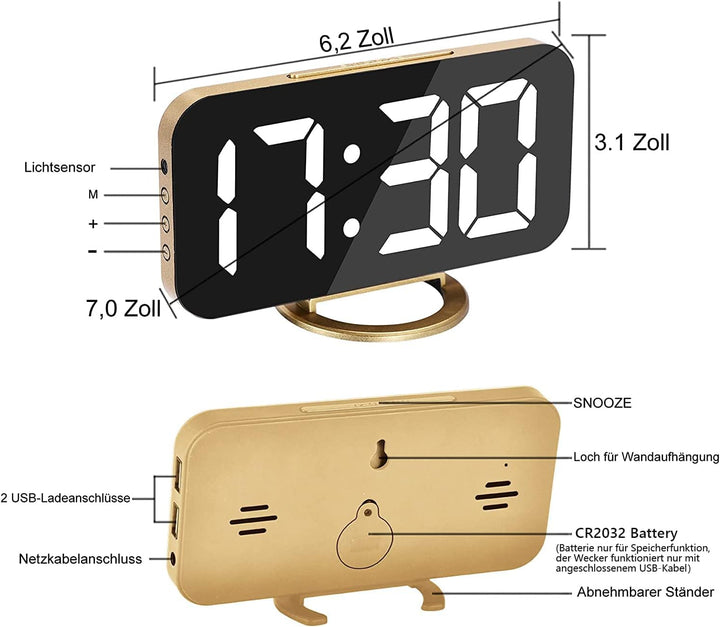 SZELAM Digitaler Wecker, Wecker am Bett, 7-Zoll-LED-Spiegelwecker, mit 2 USB-Ladeanschlüssen, Schlum